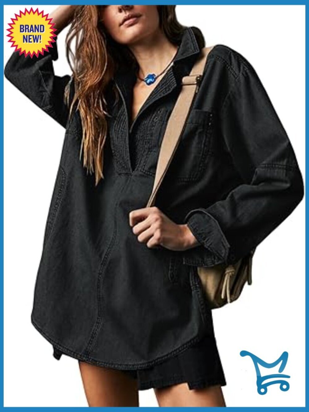 Women's Denim Pullover Jacket Button V Neck Loose Fit Long Sleeve Casual Blouse